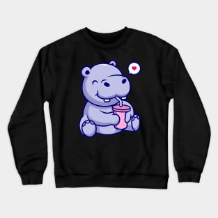 Cute Hippo Drinking Cartoon Crewneck Sweatshirt